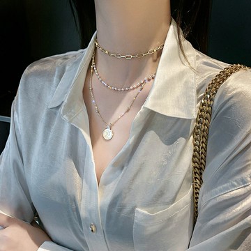多層疊戴人像珍珠鏈條項鏈冷淡風女潮鎖骨鏈簡約氣質頸鏈小眾吊墜