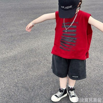 潮酷~男童純棉紅色背心痞帥炸街無袖T恤 男童夏季薄款背心 男童無袖T 男童夏裝 男童街舞上衣 韓版夏裝 男童T 男童短t