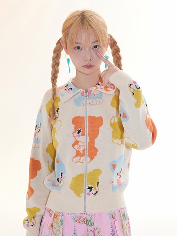 童趣撞色動物翻領拉鏈開衫毛衣秋冬針織