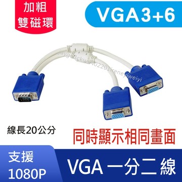 VGA 一分二  vga線 1分2 1公轉2母 雙螢幕同步顯示 螢幕線 分享 擴充 同屏 同畫面 高清 雙磁環 3+6