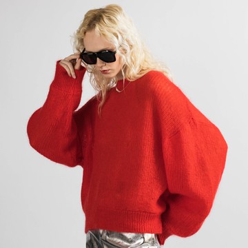 羊毛衫，紅色羊毛毛衣，柔軟針織套頭衫，圓領毛衣