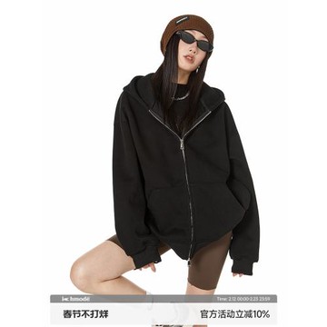 ICH MODE 美式重磅420G純色復古連帽衛衣潮牌寬松休閑開衫外套女