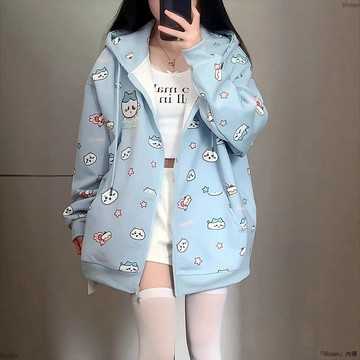可愛小八卡通印花連帽開衫衛衣女外套甜妹穿搭春秋冬寬鬆百搭上衣
