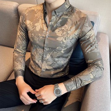 網紅長袖襯衫男士春秋季韓版潮流高級感印花襯衣商務休閑痞帥修身