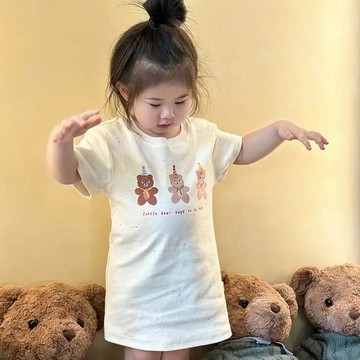 夏日必備！女寶寶小童韓系洋氣卡通印花短袖T恤裙夏裝兒童趣味可愛連身裙子 女童裙子 中小童 短袖連身裙 韓版洋裝