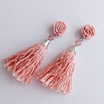 手工制作的聚合物粘土耳环 * 粉红色玫瑰耳环 * 带流苏的花卉耳环