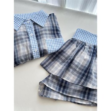 套裝裙子女長袖襯衫條紋格子上衣半裙短裙秋季新款顯瘦寬松兩件套