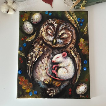 貓頭鷹原創畫布畫 貓頭鷹與老鼠 貓頭鷹壁掛藝術 森林藝術 貓頭鷹海報