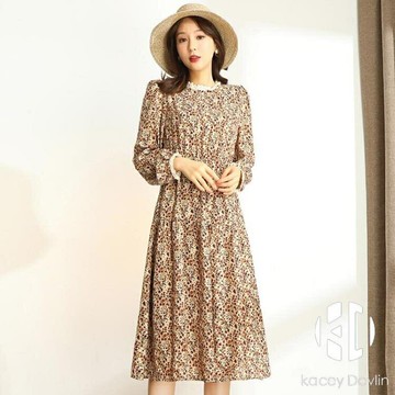 法式浪漫碎花連身裙女春裝流行新款優雅復古中長裙子【聚物優品】