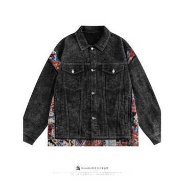春秋新款街頭復古繡花拼接做舊牛仔夾克男女潮牌寬松情侶休閑外套