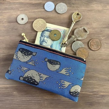 【河豚】畳緣 扁平迷你收納包 零錢包 信用卡夾 藍色 福 魚 海洋