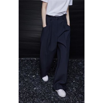 moment藏青色闊腿褲女2025新款高腰寬松休閑顯瘦垂墜感高級感西褲