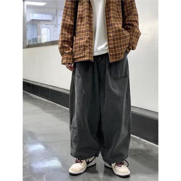 日系復古工裝牛仔褲男直筒寬松嘻哈潮流ins港風春季大碼闊腿褲子