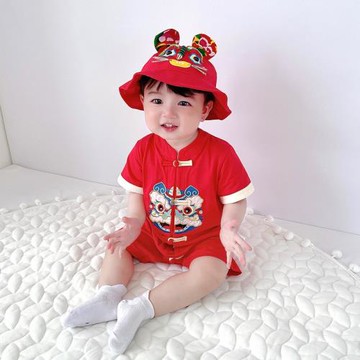 周歲禮服男寶寶嬰兒連體衣夏季薄款百歲宴抓周宴爬服哈衣吉祥虎