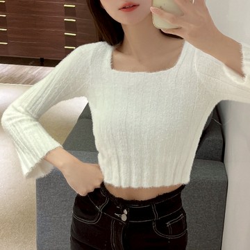 方領喇叭袖針織上衣【3CX09】Sandy33實拍秋冬新款韓系INS休閒百搭氣質長袖坑條短版上衣 針織衫 針織毛衣