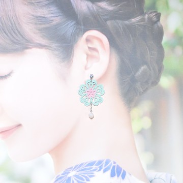 新品萬歲! 櫻花蕾絲 耳環 粉綠 月光石 Tatting Sakura Earrings