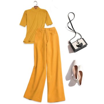 秋季新款闊腿褲時尚套裝多巴胺黃色針織衫高腰直筒型寬腿褲女327