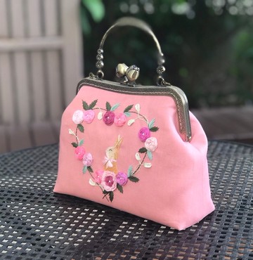 粉色繡兔圖案亞麻啾啾開口手提包