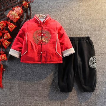 兒童拜年服中國風男童漢服冬裝喜慶小童周歲衣服過年寶寶唐裝套裝