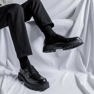 皮鞋男休閑秋冬商務正裝一腳蹬韓版潮流英倫風黑色厚底增高德比鞋