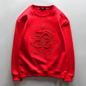 本命年國風刺繡衛衣男秋冬圓領龍年紅色衣服情侶過年上衣無帽加絨