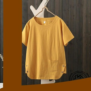 夏季女士棉麻七分袖T恤上衣短袖寬版半袖純棉文藝復古民族風女裝【木屋雜貨】