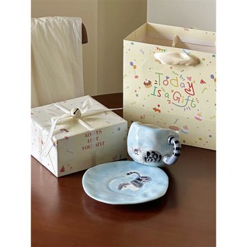 送女生禮物禮盒ins風不規則手作貓咪釉下彩陶瓷咖啡杯下午茶杯子