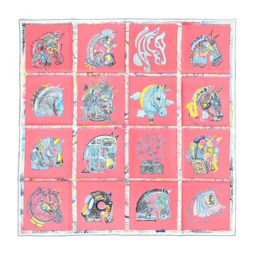 Hermes 愛馬仕 Chevaloscope 90 趣味駿馬真絲方巾(玫瑰/藍)