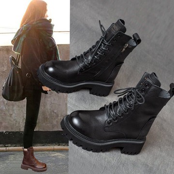 2021年新款厚底馬丁靴女早秋英倫風棕色春秋單靴ins潮側拉鏈短靴