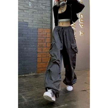 工裝褲 休閒長褲 長褲女涼感褲 美式工裝褲 多口袋 辣妹 寬褲 涼感 高腰褲 闊腿褲 寬鬆抽繩工裝褲 高腰休閒大口袋工裝