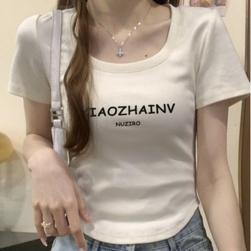 胖胖美依 短袖T卹 上衣 短版上衣 印花上衣 小衫 S-XL新款辣妹純欲風修身顯瘦設計感小眾露臍上衣-4349.