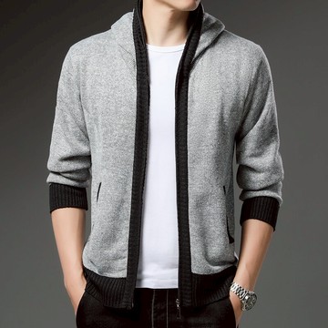 秋冬季連帽開衫加絨加厚針織衫男士短款外搭上衣純色修身帥氣男裝