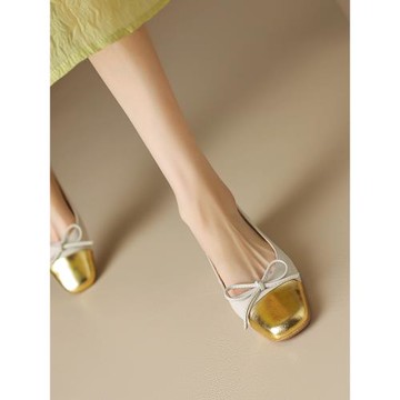 雨絲家~小香風法式單鞋平底金色白拼色樂福鞋瑪麗珍小皮鞋女真皮