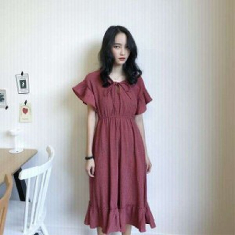 韓国 オルチャン ワンピース フリル袖 コットン 無地 半袖 ハイウエスト ワンピース ひざ下 リゾート 旅行 通販 Lineポイント最大1 0 Get Lineショッピング