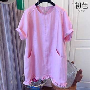 初色 法式純色圓領短袖寬鬆休閒中長連衣裙連身洋裝-共2色-13694(M-2XL可選)