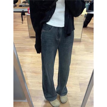 高腰窄版直筒牛仔褲女春季復古藍灰寬松百搭垂感休閑闊腿拖地長褲