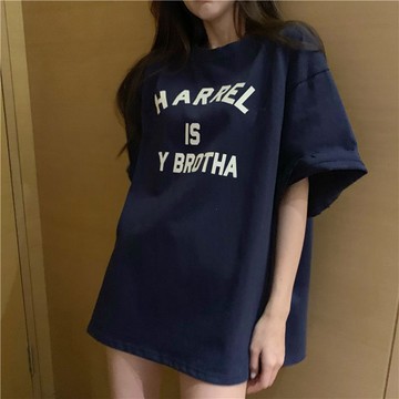 藏藍色寬鬆t恤女短袖夏季純棉新款前印字大版體恤半袖中長款 印花t恤 設計感衣服 短袖上衣 美式上衣 短袖t恤