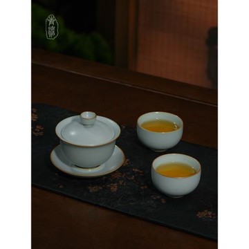 (免運)青澹汝窯蓋碗套裝家用泡茶碗景德鎮功夫茶具陶瓷手工復古汝瓷禮品