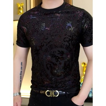 歐洲站男士夏季新款冰絲短袖T恤植絨燒花炫彩圓領修身彈力上衣男