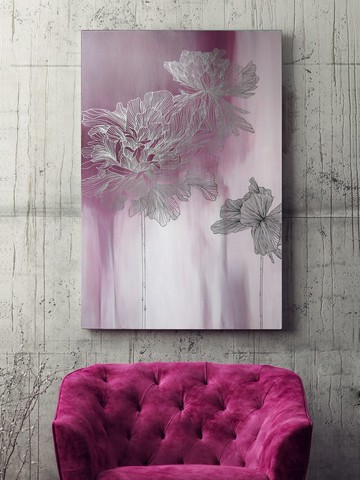 牆面裝飾銀粉紅 |銀花朵繪畫 | 粉紅色藝術 | 粉紅色薄款 2