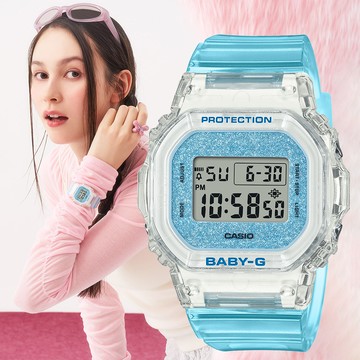 CASIO BABY-G 閃亮光芒透明方形計時錶/水藍/BGD-565GC-2