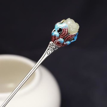 [點翠云簪]復古中國風發釵鍍925銀景泰藍發簪白玉漢服配飾頭飾