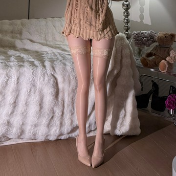 【油光蕾絲】絲襪 極光絲襪 過膝襪 長筒襪 油光襪 馬油襪 性感蕾絲邊 撞色設計 超薄膚感 純欲風穿搭