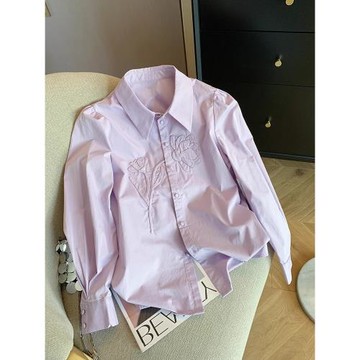 港風高級感花朵印花Polo領長袖襯衫男女春秋甜美減齡百搭別致上衣