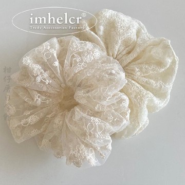 🔥2件9折🍊臺北出貨🍊可開發票韓版米色蕾絲刺繡碎花腸圈森系少女時尚百搭文藝感馬尾髮圈髮飾女