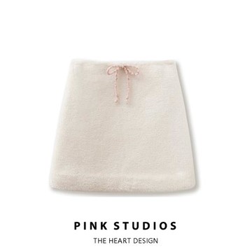 白色羊羔毛短裙女秋冬甜美蝴蝶結系帶高腰顯瘦保暖毛絨A字半身裙