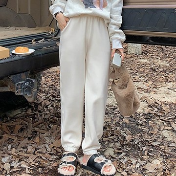 KPUWARM - 腰鬆緊休閒百搭束口長褲-糯白