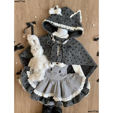 超實惠一 女僕裝 連衣裙 裙子秋季新款甜美套裝波點連帽斗篷荷葉邊上衣可愛印花揹帶裙三件套女