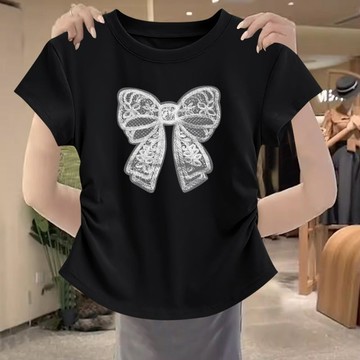 胖胖美依 上衣 短袖T卹 印花上衣 中大尺碼S-4XL新款美式甜辣褶皺收腰別緻短袖修身辣妹短款上衣-8281.