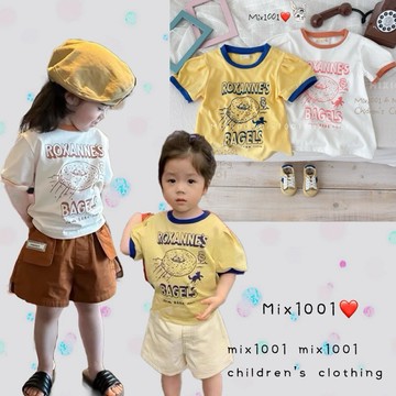 🌈✨mix1001美式塗鴉貝果🥯印圖上衣✨兒童造型公主袖貝果上衣 5-17